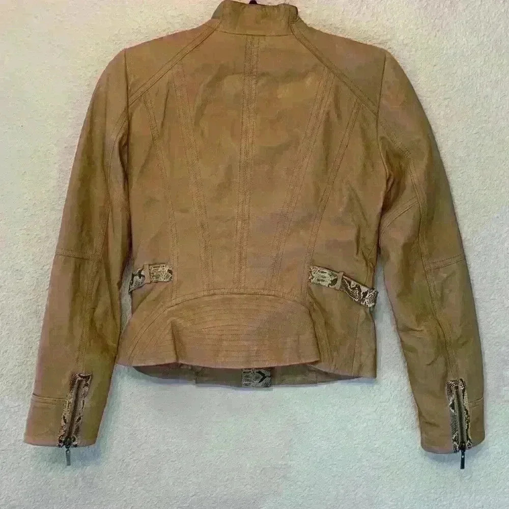 Etcetera tan leather snakeskin jacket sz 2 preppy moto 90s fall winter *flaw - Picture 9 of 13